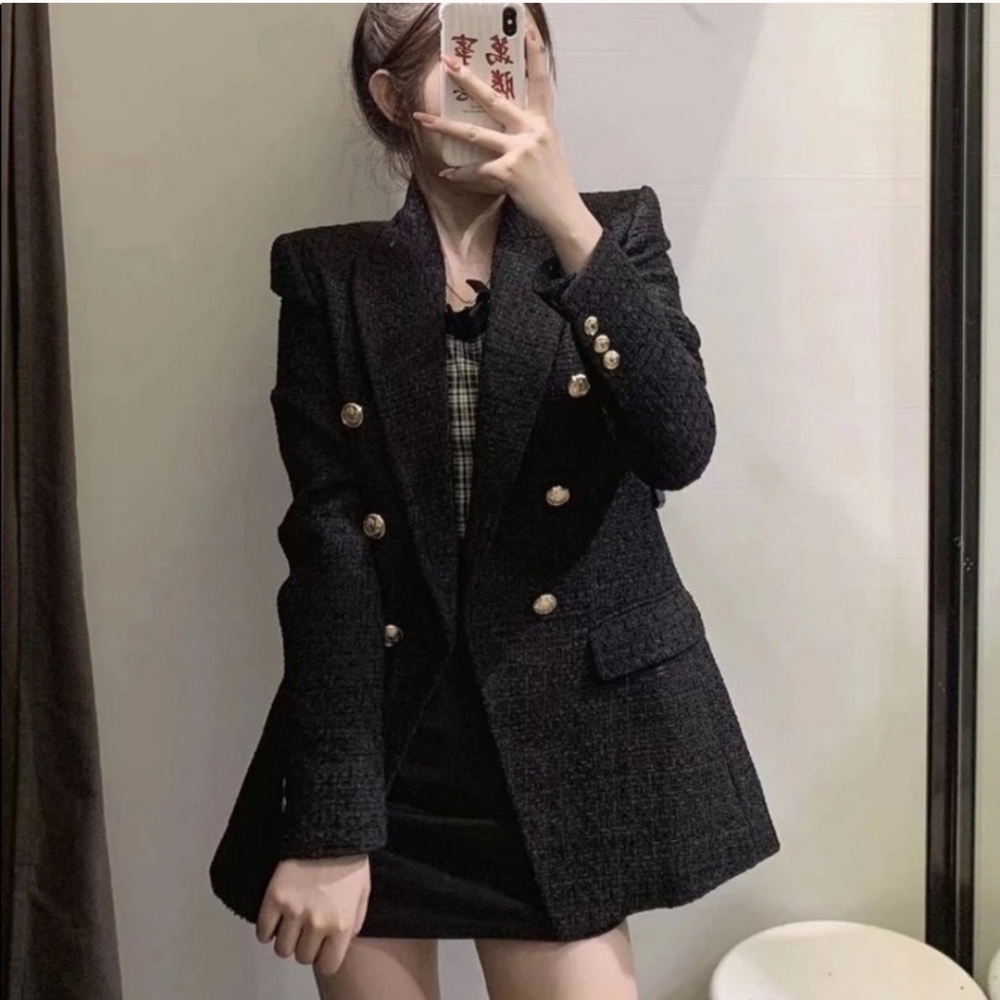 Zara Black Textured Blazer Double-Breasted Design